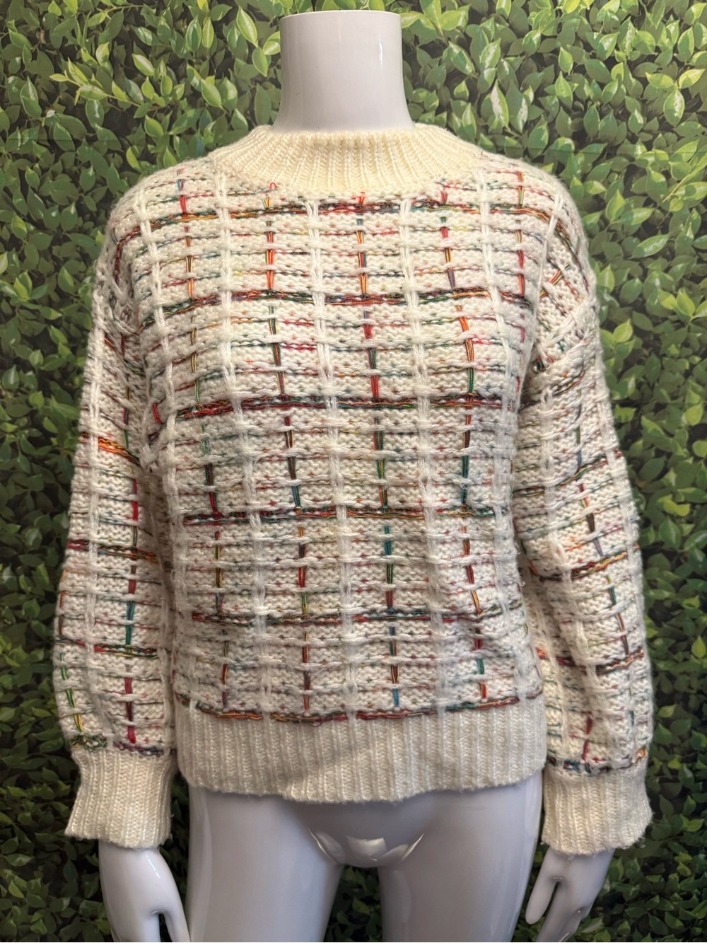 Anthropologie Cream Multicolor Grid Stitch Crewneck Sweater
